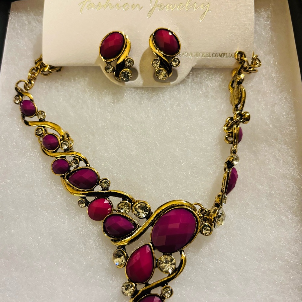 Vintage Beautiful Red Necklace Clip on Earring Set Fashion Jewelry New - Picture 2 of 5